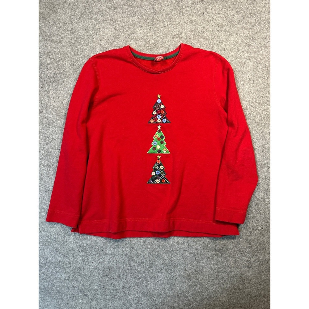 Merry & Bright Christmas Tree Sweatshirt XL Red Applique Plaid Cotton‎ Blend